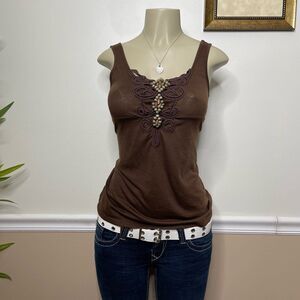 Misha Collection Women’s Y2K Vintage Wooden Bead Embellished Babydoll Tank Top